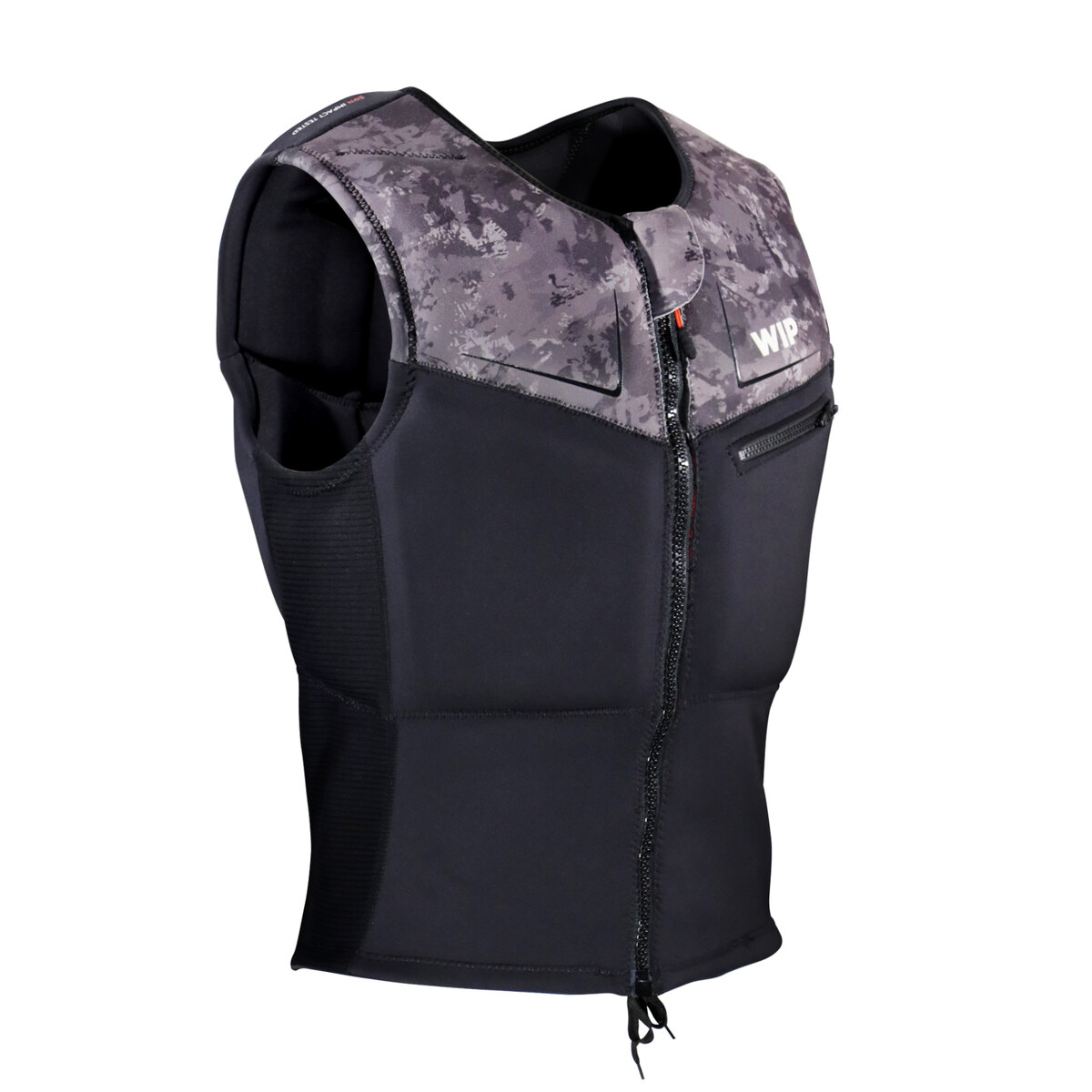 Forward WIP Kompact Vest 2.0 — 검은 슬림 임팩트 베스트, 회색 카모 상단 + WIP 로고